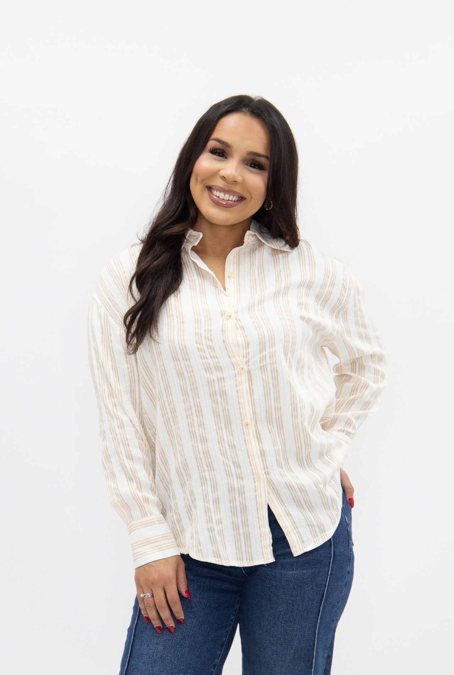 Kathryn Button-up, Beige Stripes in Beige view 4 (top)