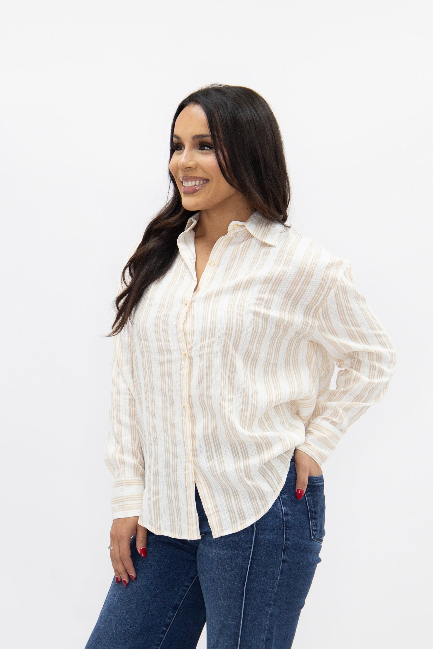 Kathryn Button-up, Beige Stripes in Beige view 5 (top)