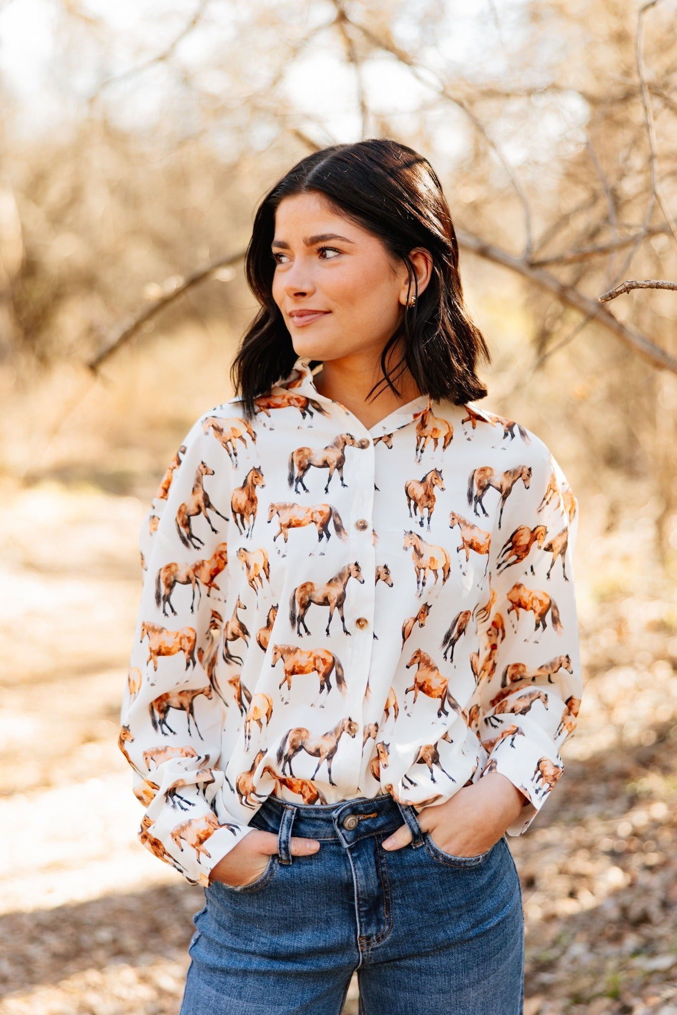Kathryn Button-up, Horse Print in Ivory (top)