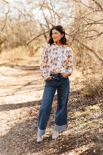 Kathryn Button-up, Horse Print in Ivory view 2 (top)