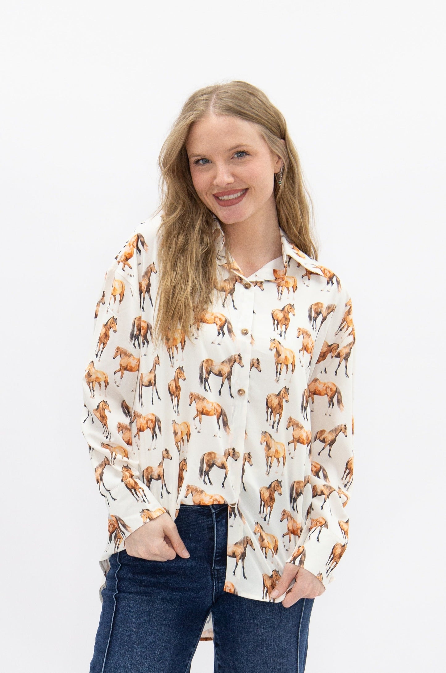 Kathryn Button-up, Horse Print in Ivory view 3 (top)