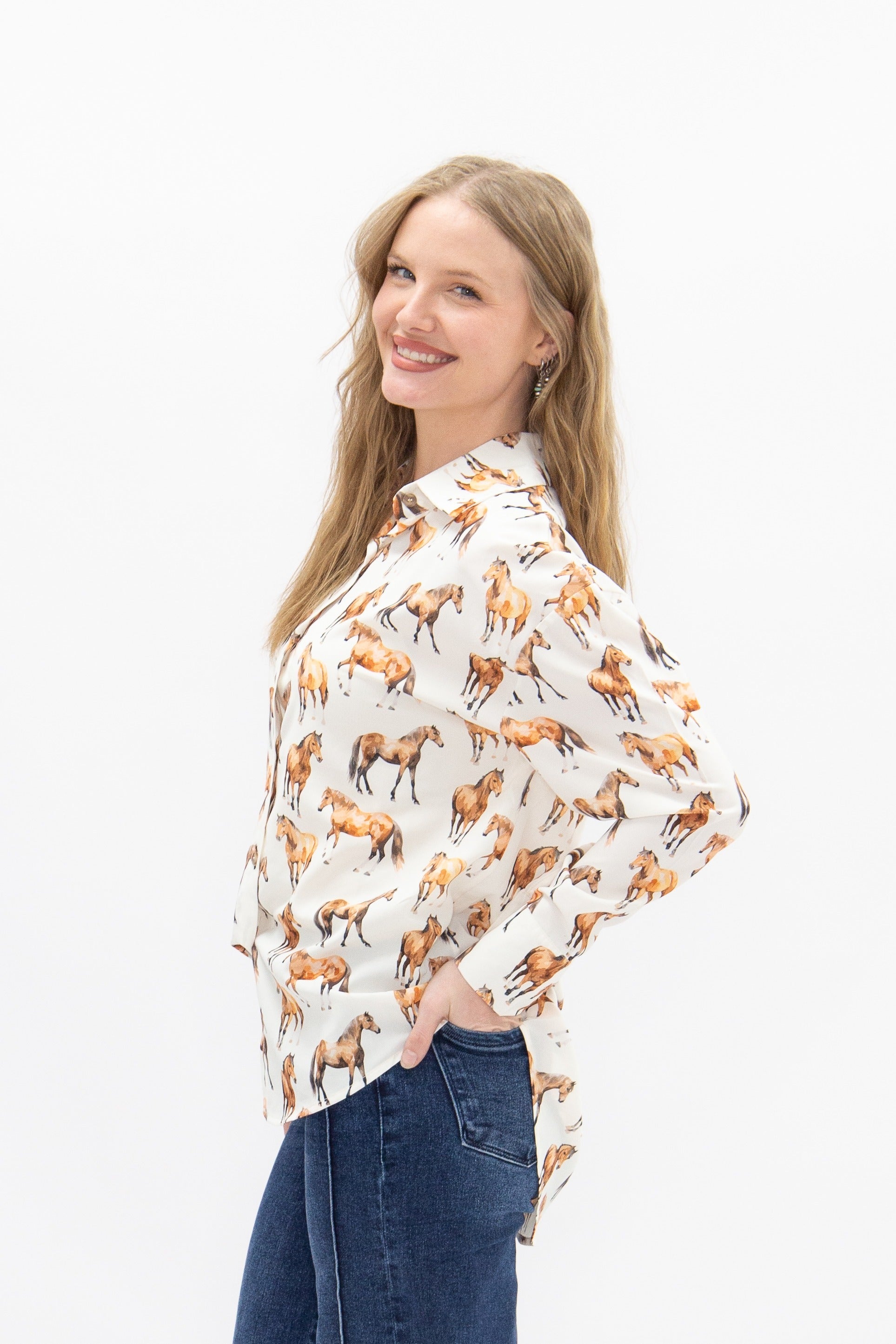 Kathryn Button-up, Horse Print in Ivory view 4 (top)