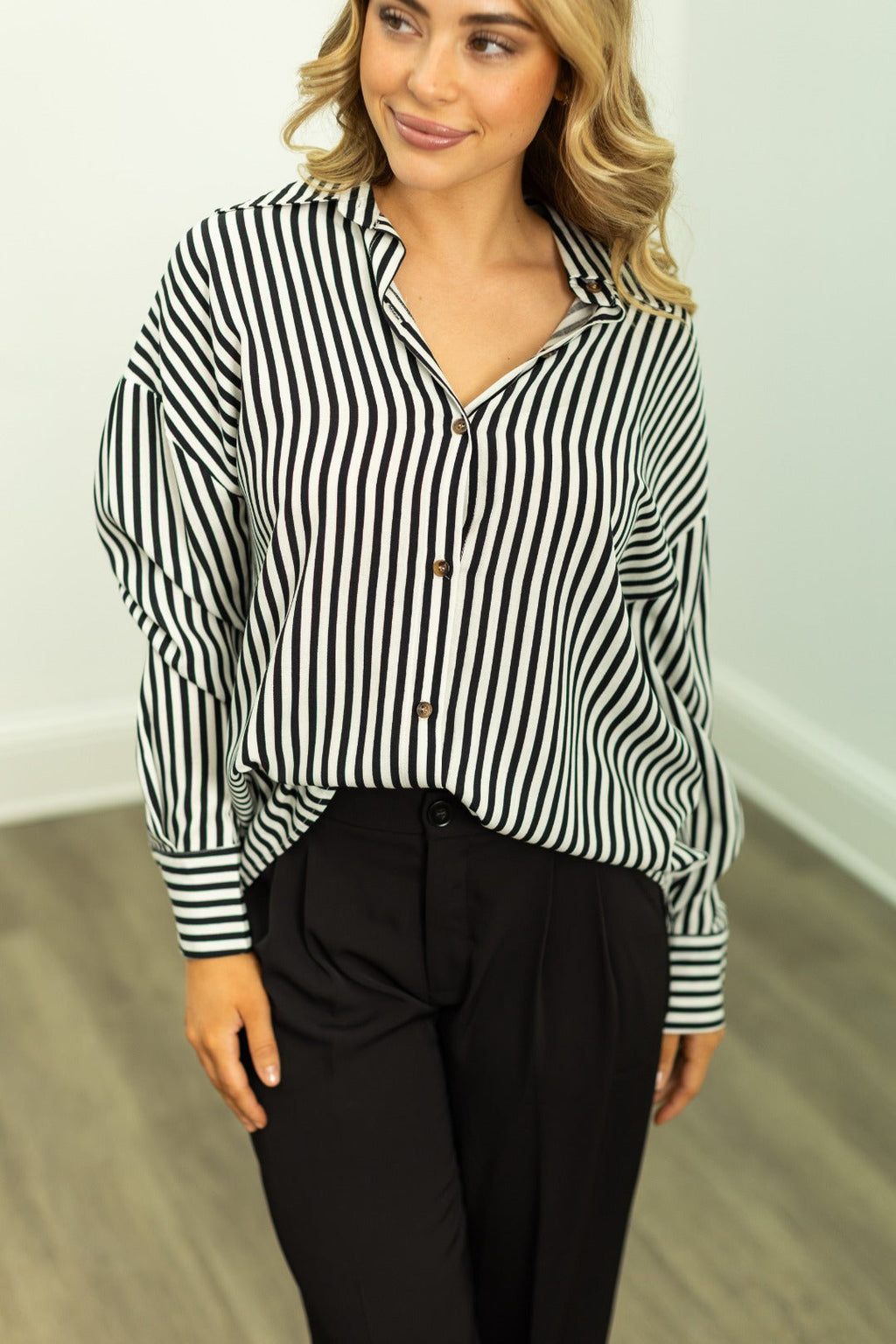 Kathryn Classic Button-up, Black Stripes view 9 (top) - black stripes, button black stripes - shop at us.meeeshop