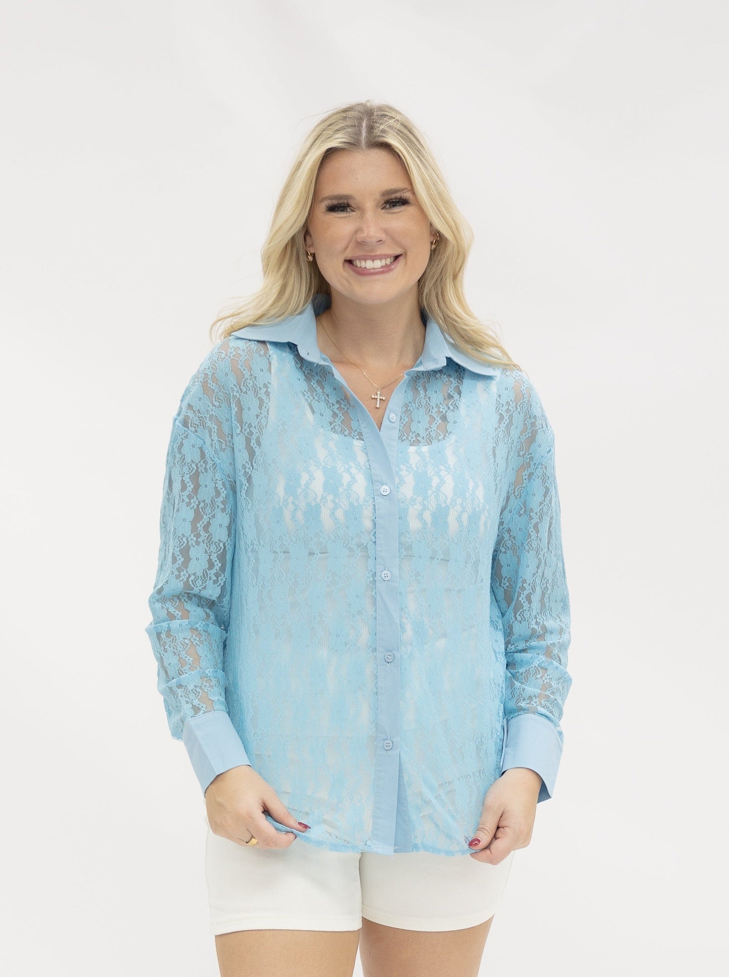 Kathryn Classic Button-up, Blue Lace in Blue view 3 (top)