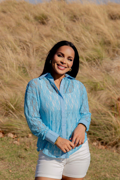 Kathryn Classic Button-up, Blue Lace in Blue view 6 (top)