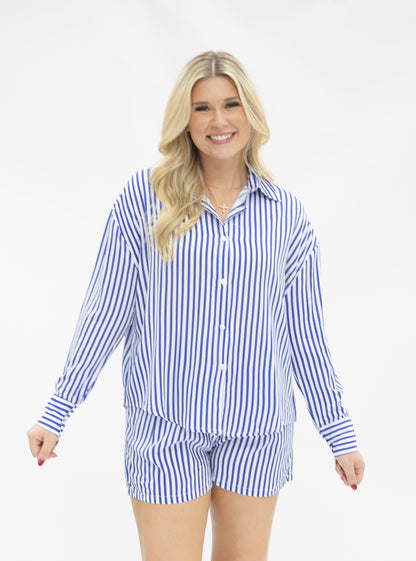 Kathryn Classic Button-up, Blue Stripe in Neon Blue (top)