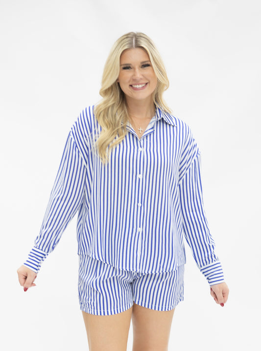 Kathryn Classic Button-up, Blue Stripe in Neon Blue (top)