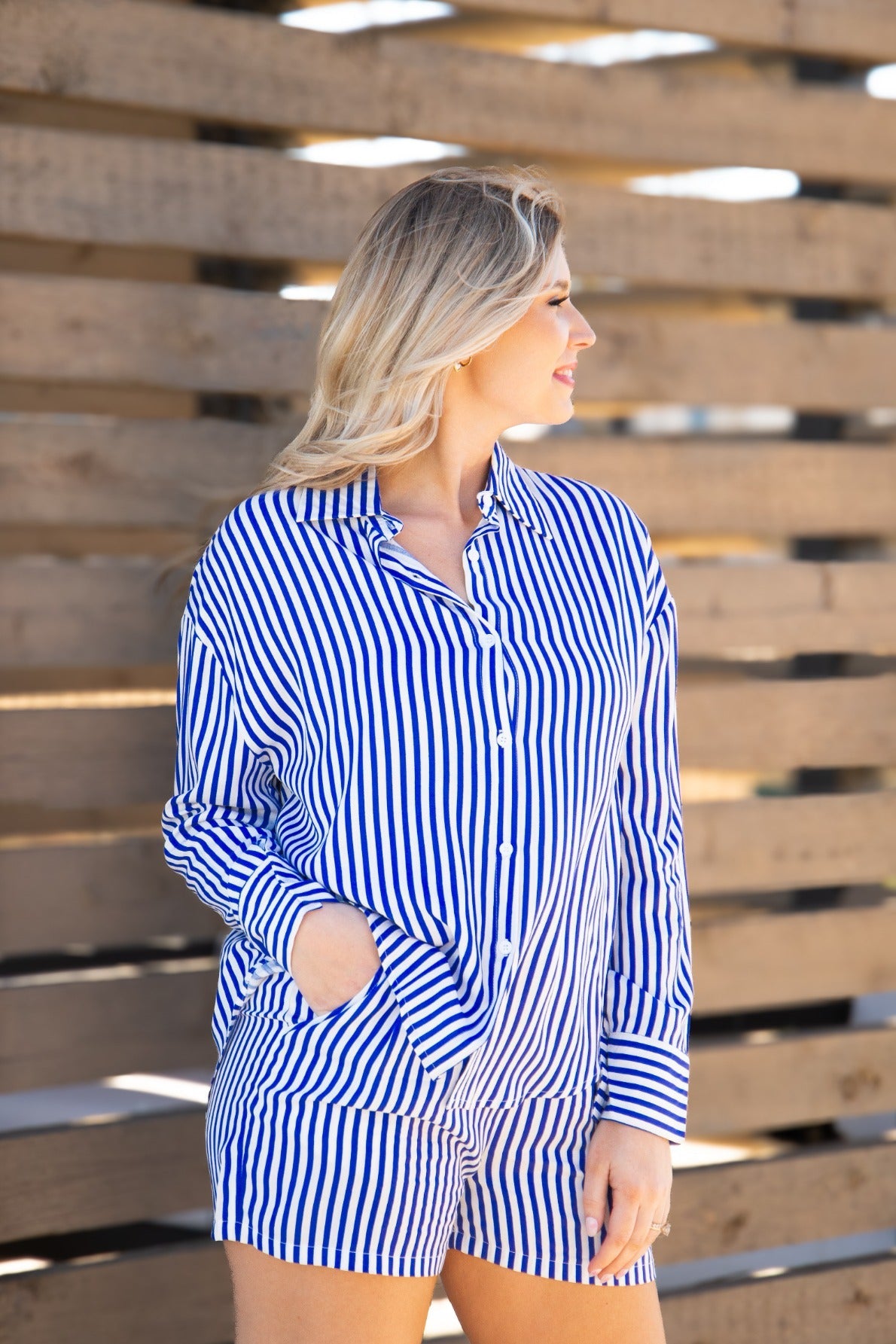Kathryn Classic Button-up, Blue Stripe in Neon Blue view 6 (top)