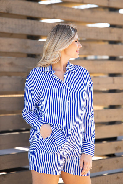 Kathryn Classic Button-up, Blue Stripe in Neon Blue view 6 (top)