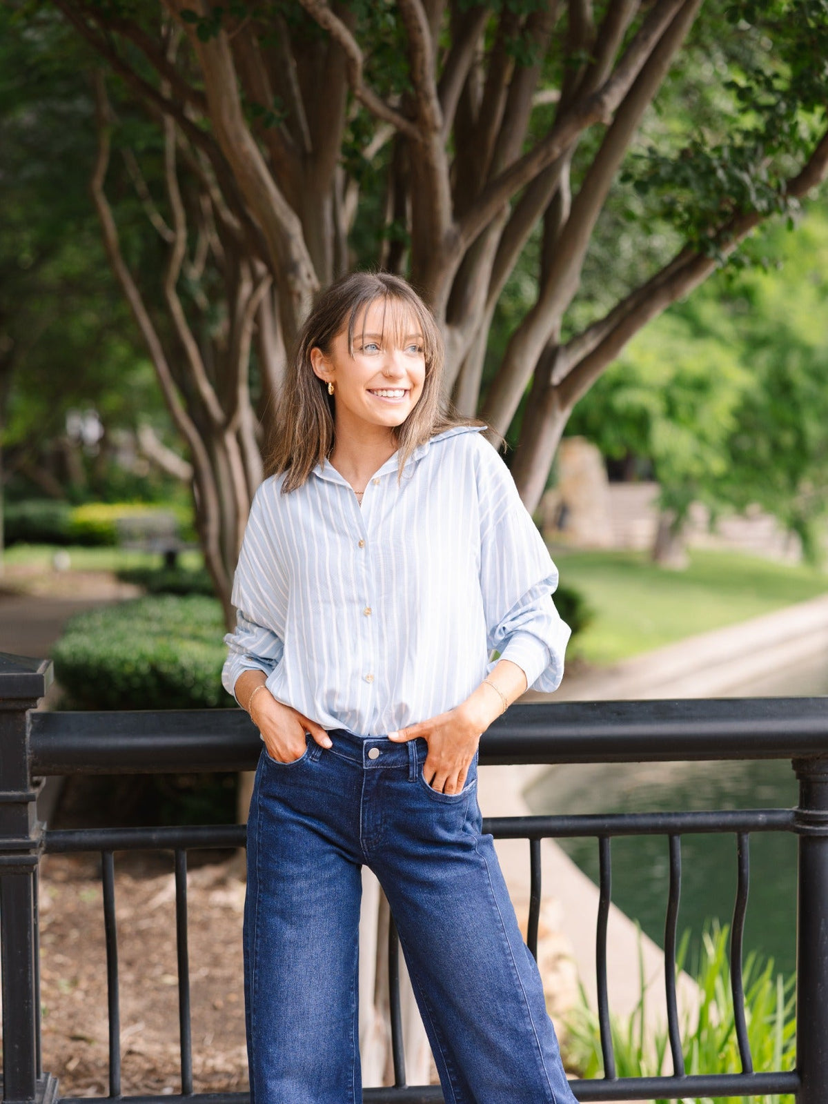 Kathryn Classic Button-up, Blue Stripes Top - MeeeShop Women's Fashion