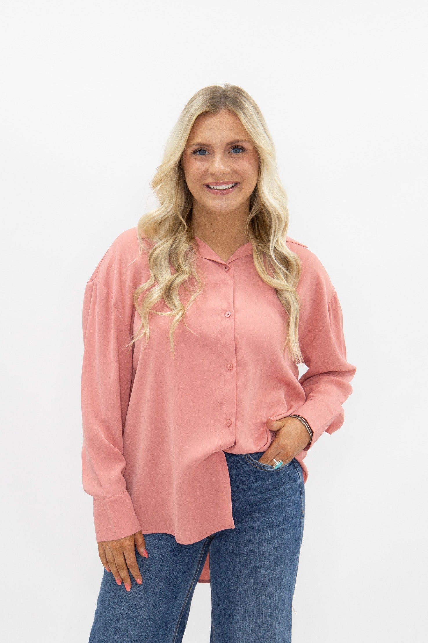 Kathryn Classic Button-up, Blush Pink in Blush view 3 (top)