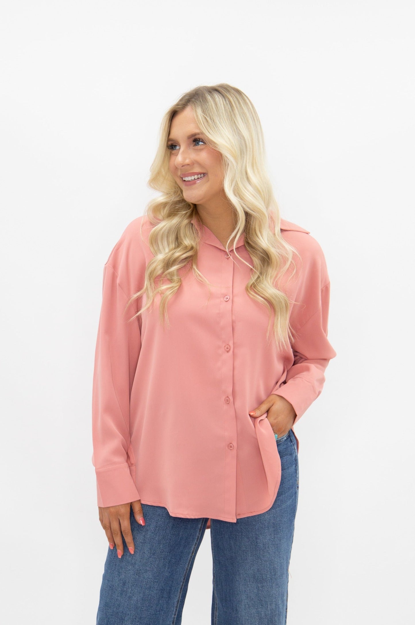 Kathryn Classic Button-up, Blush Pink in Blush view 4 (top)