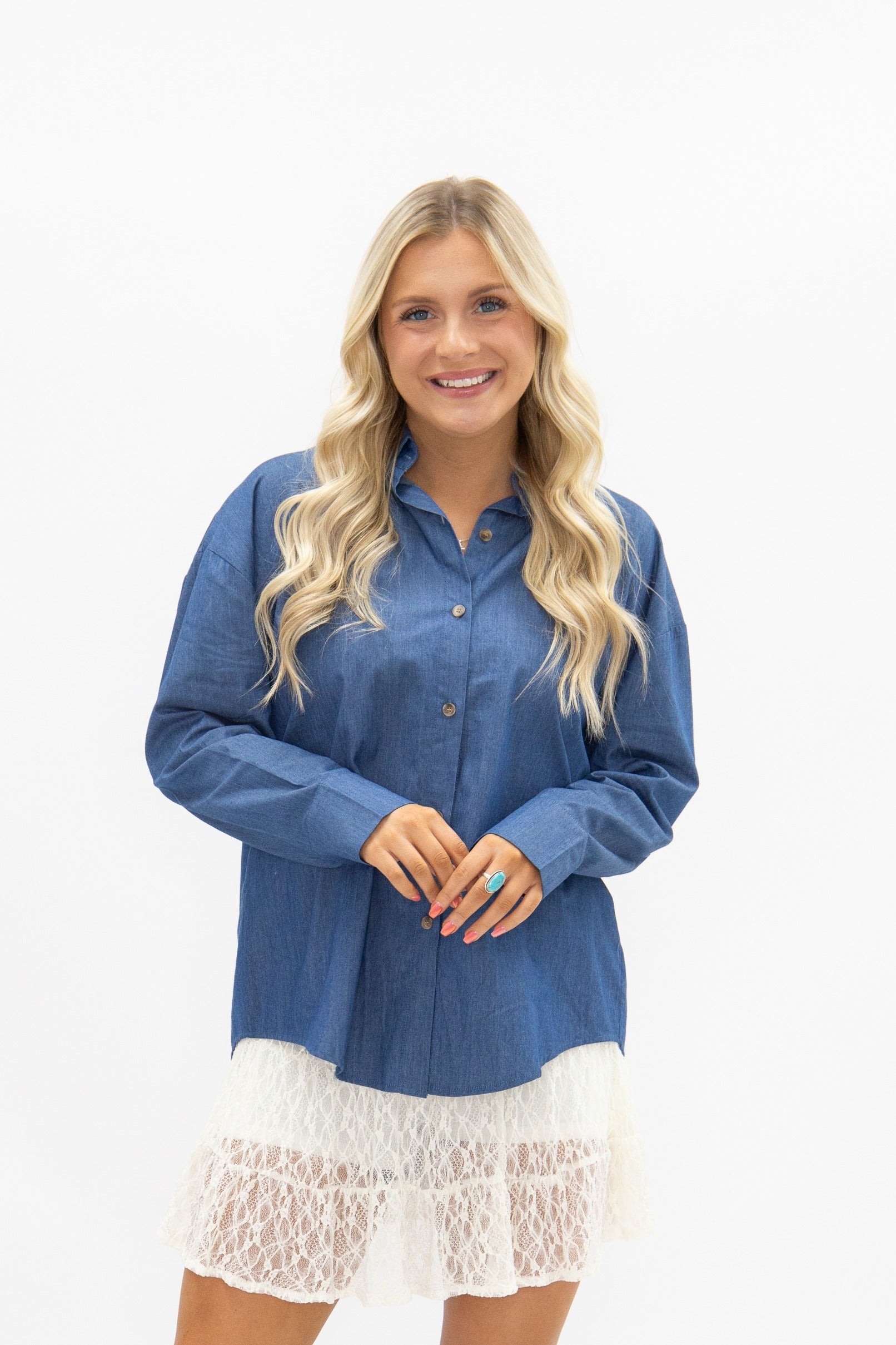 Kathryn Classic Button-up, Chambray in Blue view 2 - Button Chambray (top)
