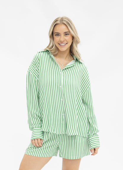 Kathryn Classic Button-up, Green Stripe in Green (top)