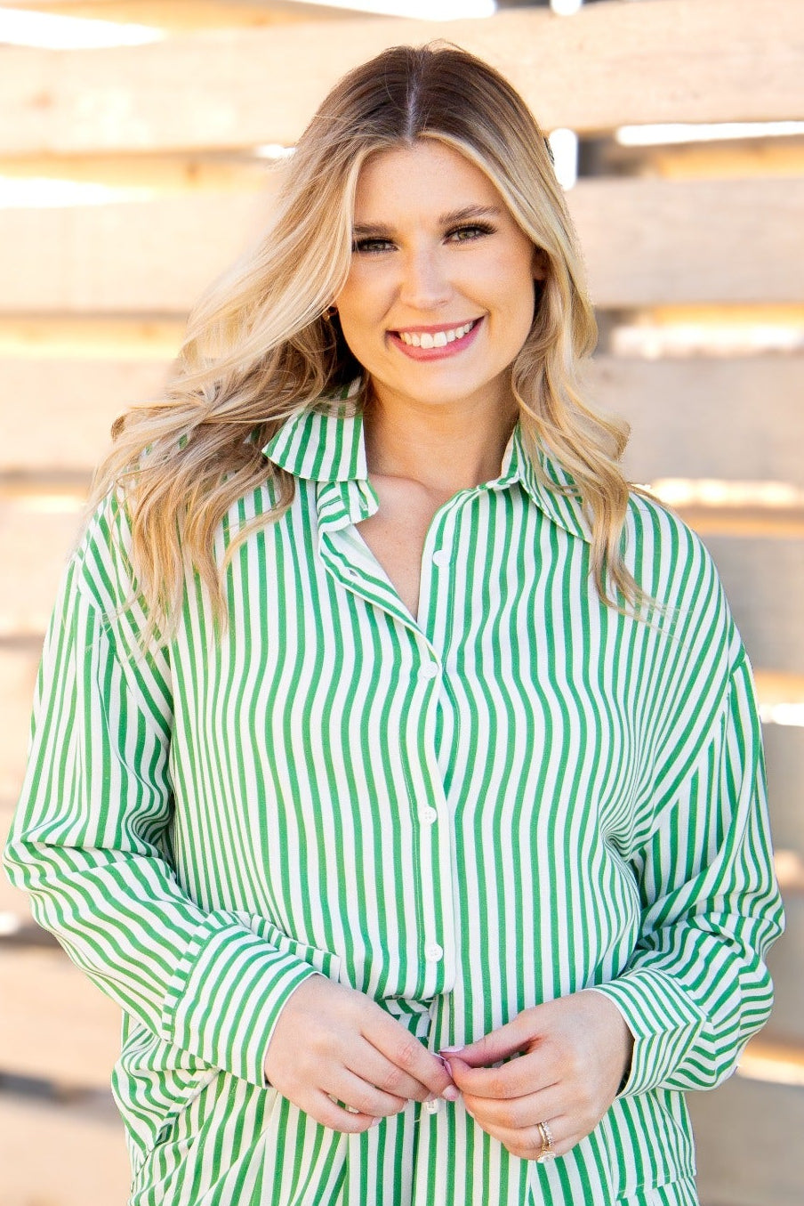 Kathryn Classic Button-up, Green Stripe in Green view 6 (top)