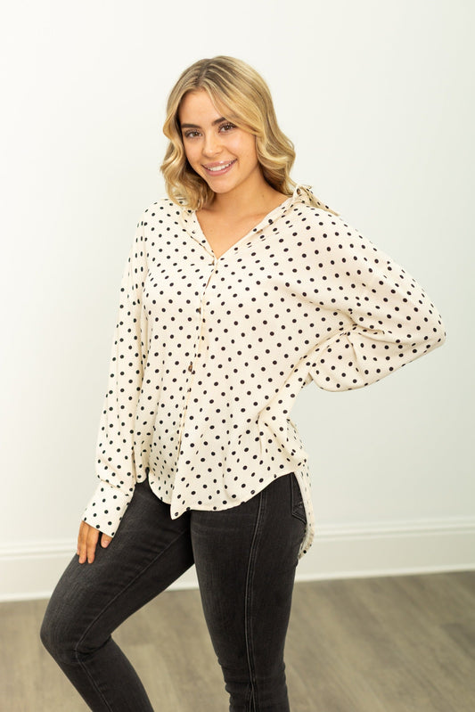 Kathryn Classic Button-up, Ivory Polka-dot in Ivory view 2 - Polka Dot Classic (top)