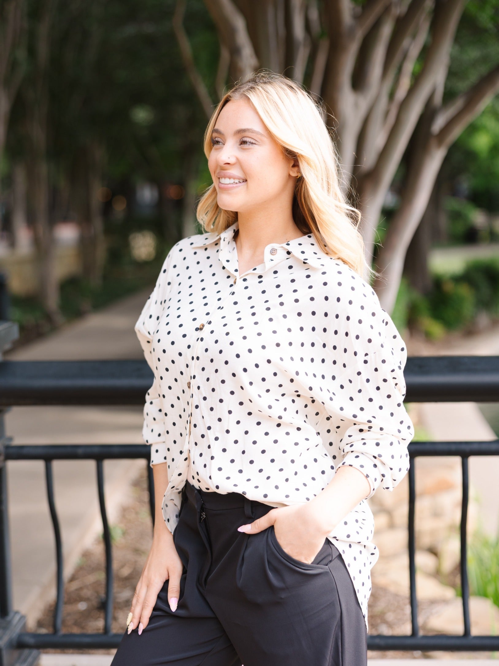 Kathryn Classic Button-up, Ivory Polka-dot in Ivory view 7 - Polka Dot Classic (top)