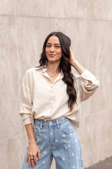 Kathryn Classic Button-up, Ivory Top - MeeeShop Women's Fashion