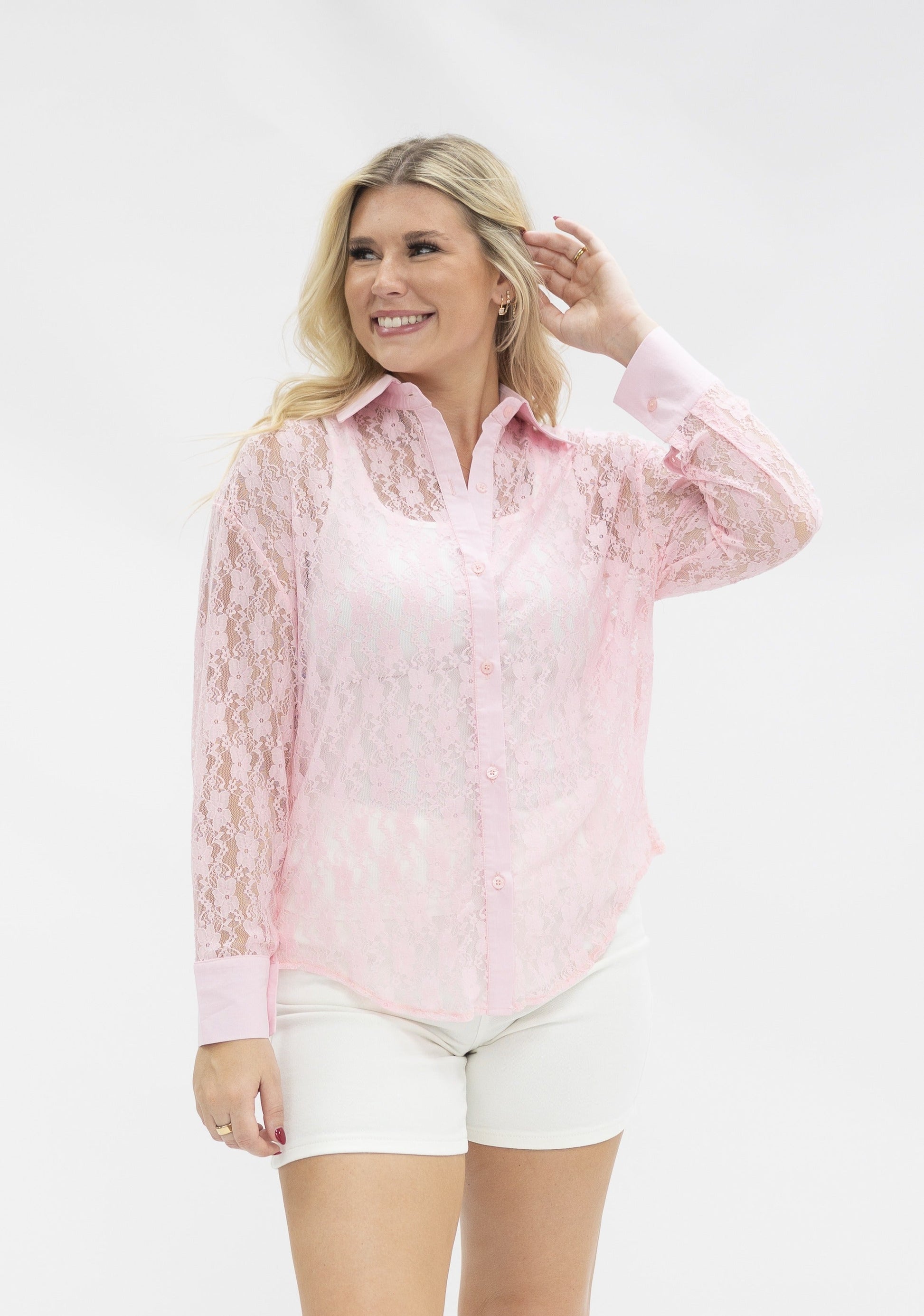 Kathryn Classic Button-up, Light Pink Lace in Pink (top)
