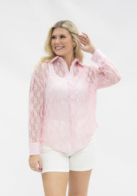 Kathryn Classic Button-up, Light Pink Lace in Pink (top)