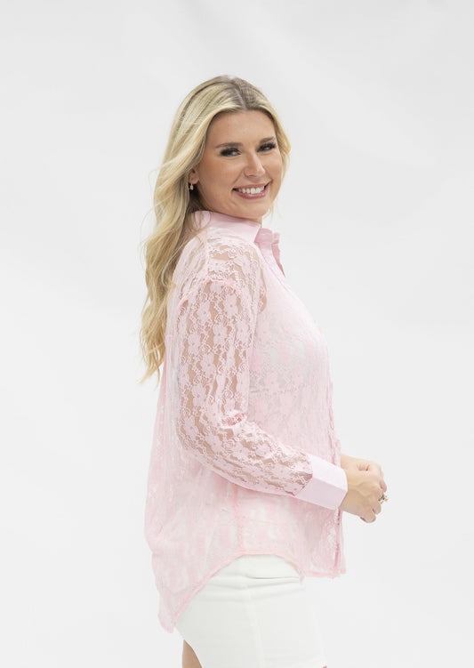 Kathryn Classic Button-up, Light Pink Lace in Pink view 2 (top)