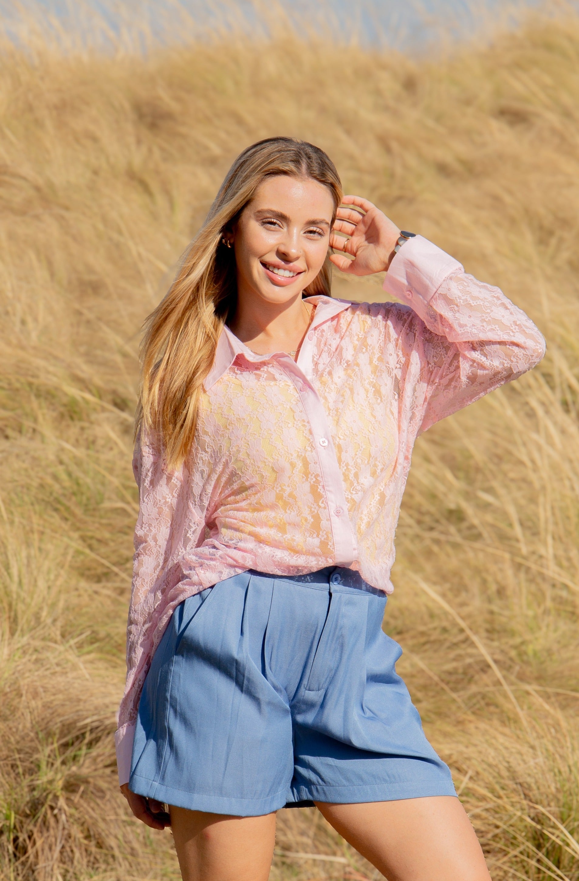 Kathryn Classic Button-up, Light Pink Lace view 11 (top)