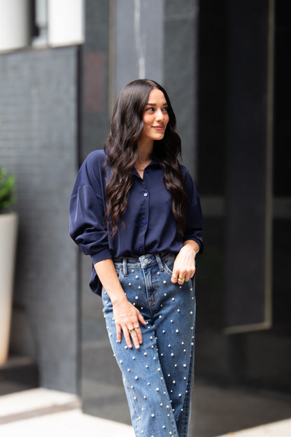 Kathryn Classic Button-up, Navy in Navy view 2 - Button Navy (top)
