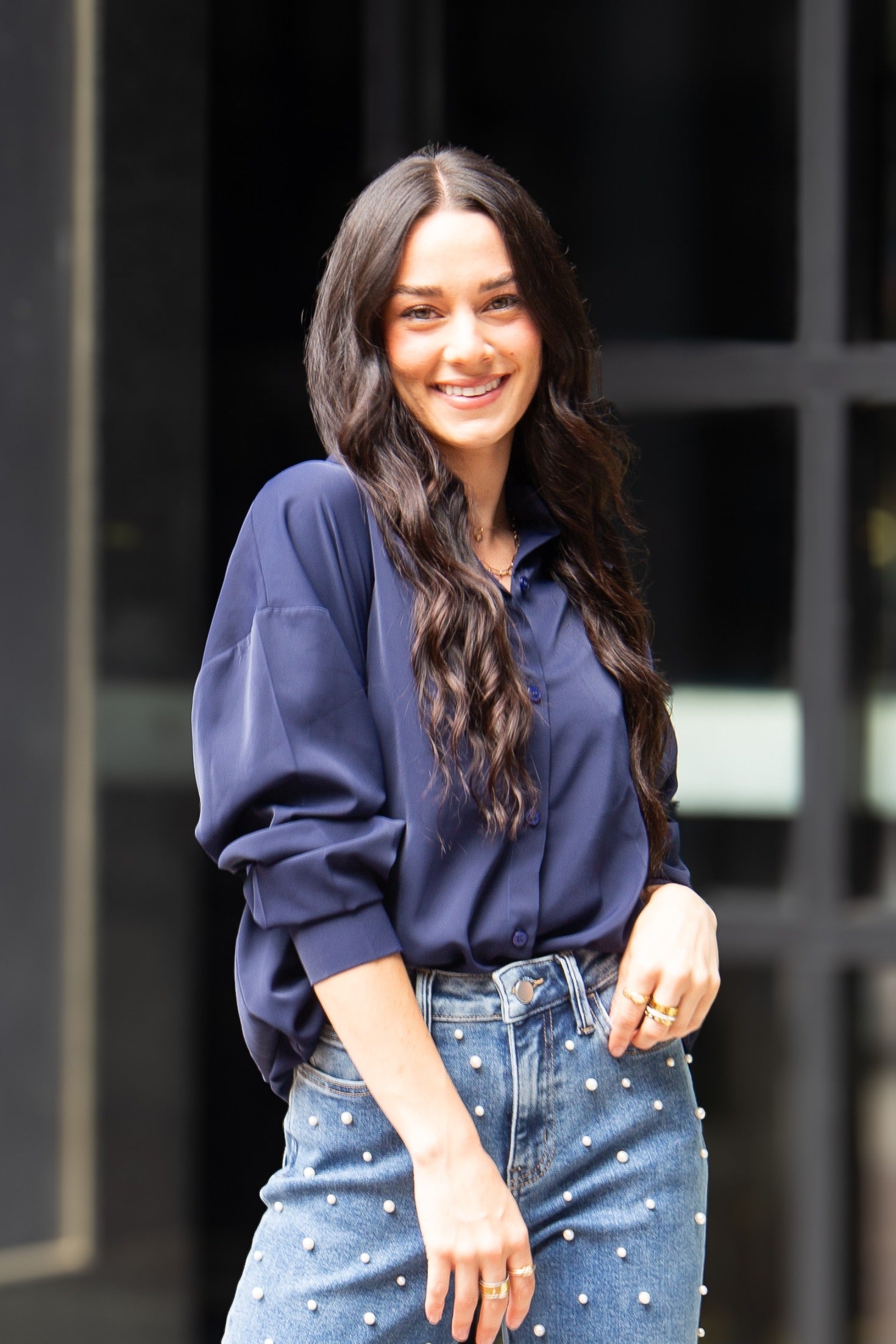 Kathryn Classic Button-up, Navy in Navy view 3 - Button Navy (top)