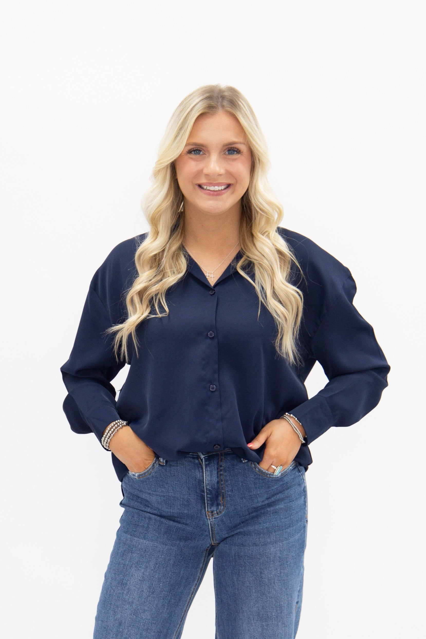 Kathryn Classic Button-up, Navy in Navy view 4 - Button Navy (top)