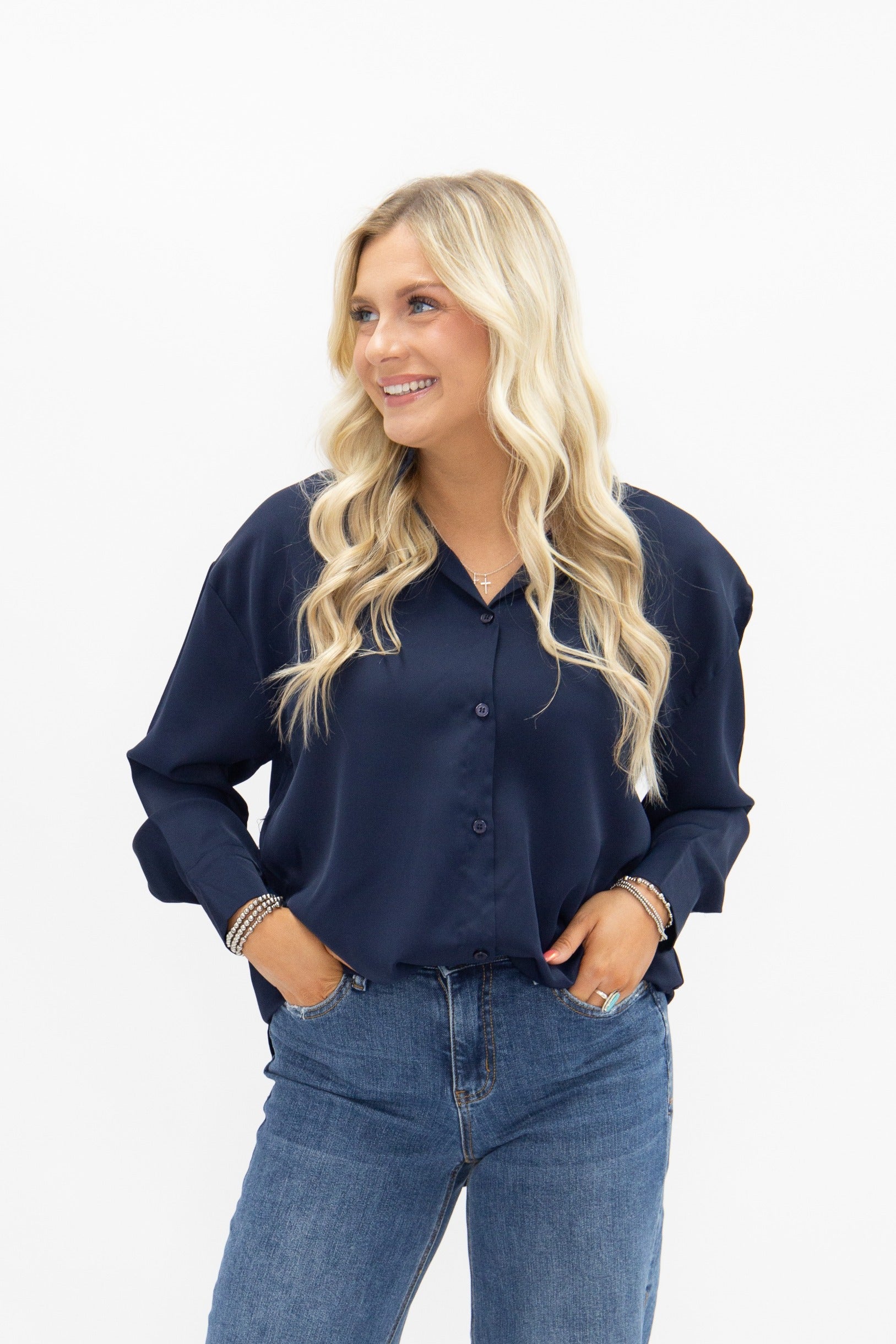 Kathryn Classic Button-up, Navy in Navy view 5 - Button Navy (top)