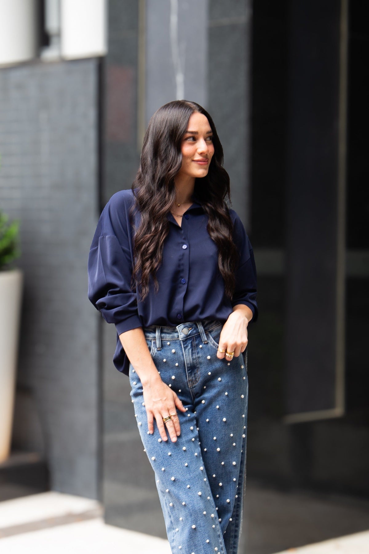 Kathryn Classic Button-up, Navy Top - MeeeShop Women's Fashion
