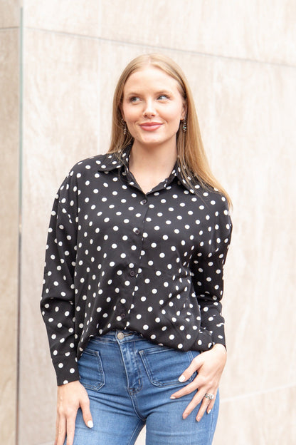 Kathryn Classic Button-up, Polka-dot in Black - Polka Dot Classic (top)