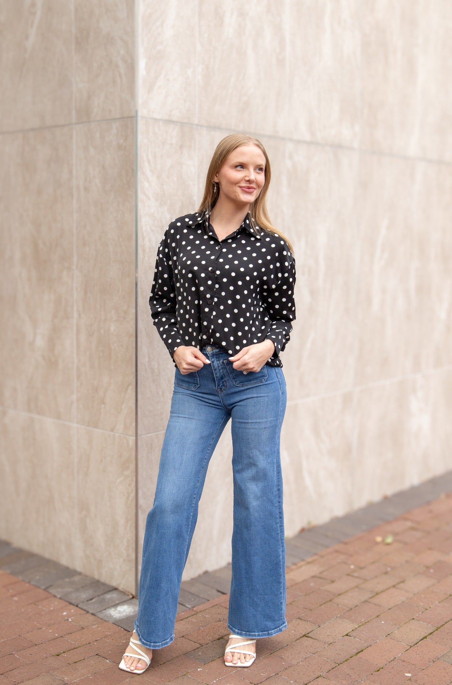 Kathryn Classic Button-up, Polka-dot in Black view 2 - Polka Dot Classic (top)