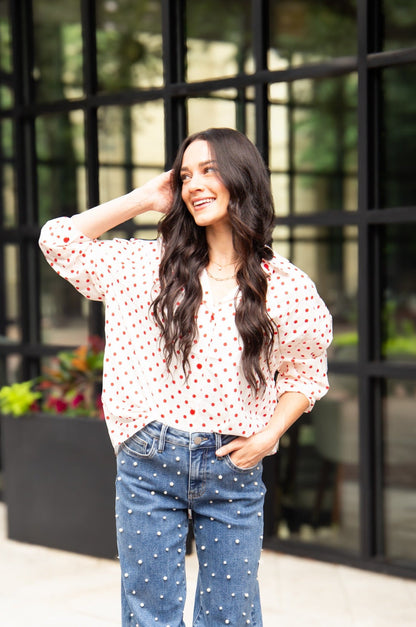 Kathryn Classic Button-up, Red Polka-dot in Red - Polka Dot Classic (top)