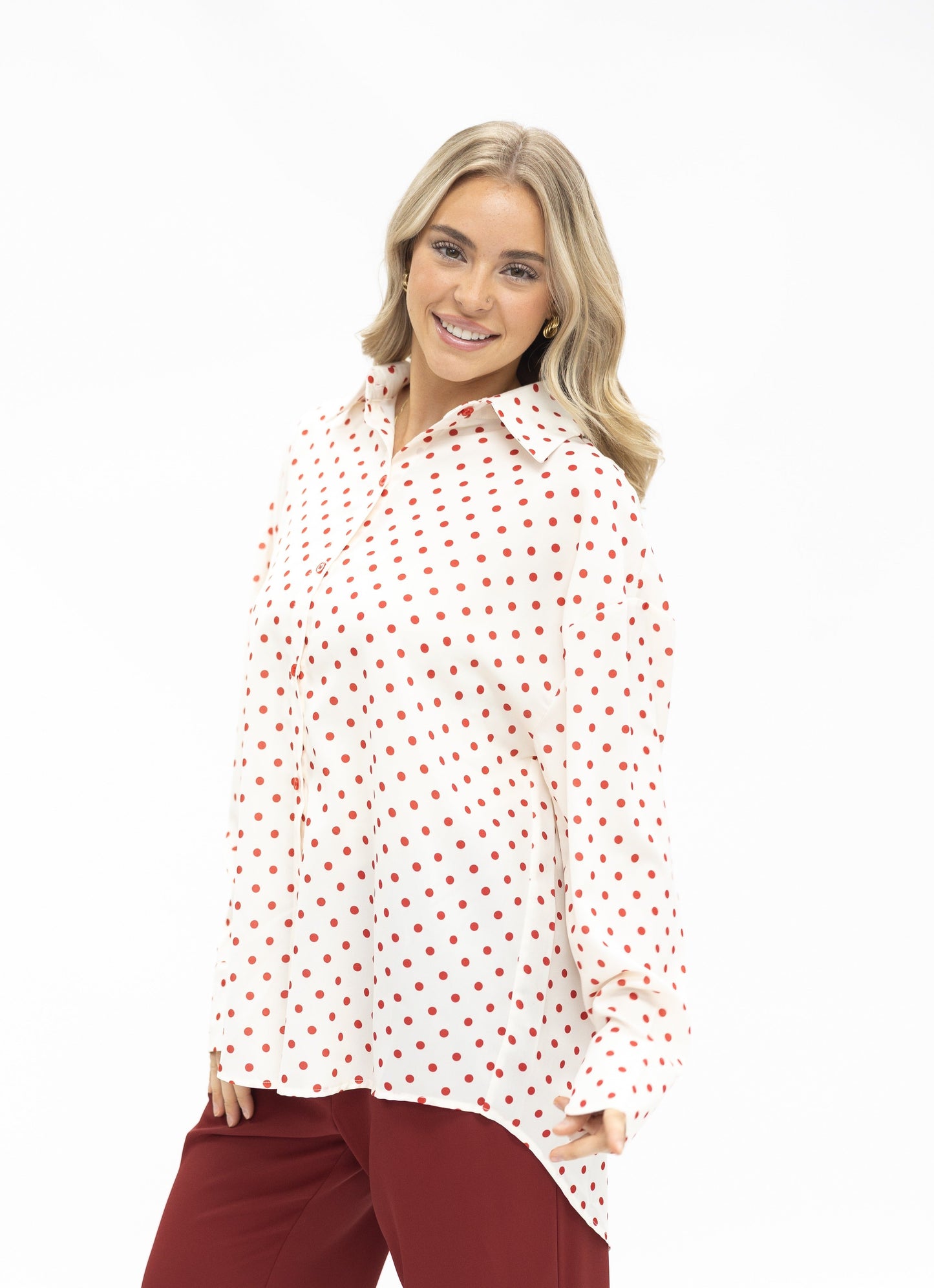 Kathryn Classic Button-up, Red Polka-dot view 10 - Polka Dot Classic (top)