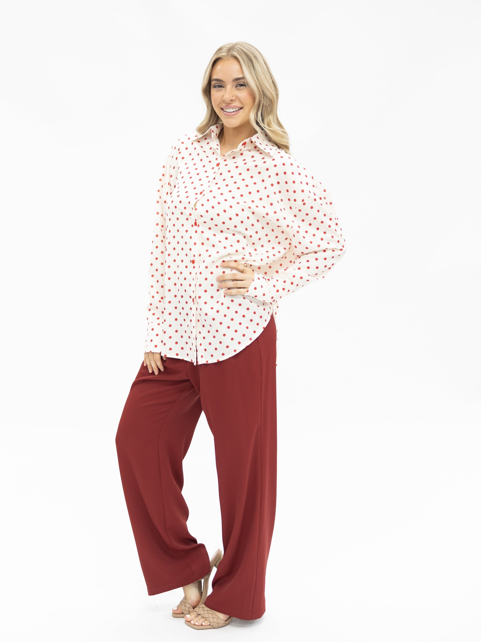 Kathryn Classic Button-up, Red Polka-dot view 11 - Polka Dot Classic (top)