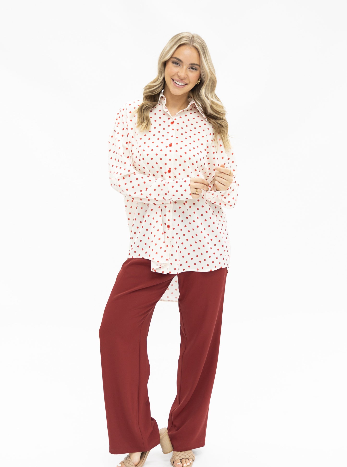 Kathryn Classic Button-up, Red Polka-dot view 8 - Polka Dot Classic (top)