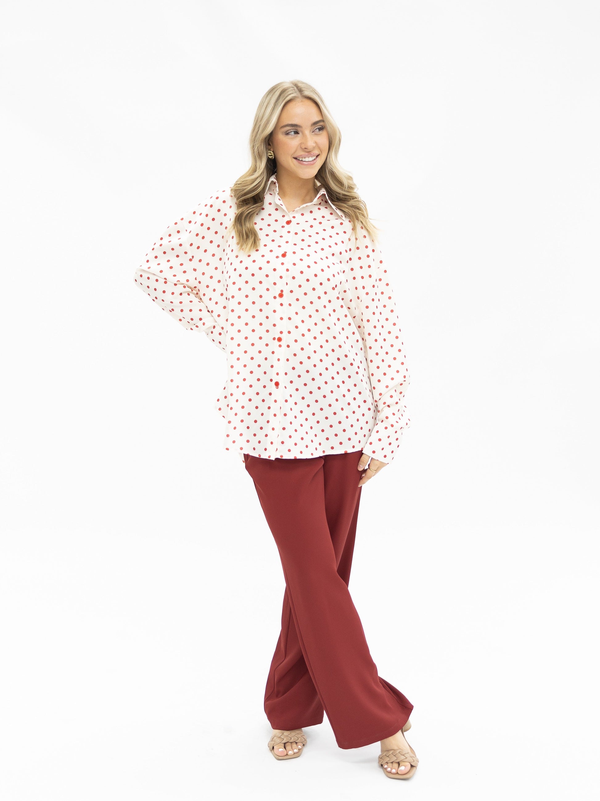 Kathryn Classic Button-up, Red Polka-dot view 9 - Polka Dot Classic (top)