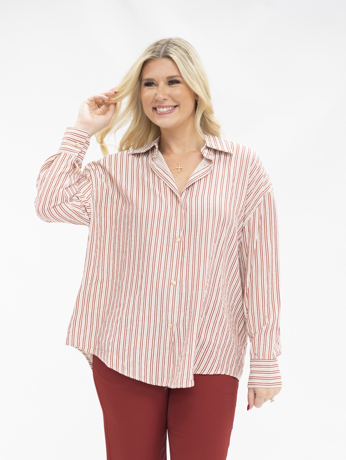 Kathryn Classic Button-up, Red Stripes in Red (top)