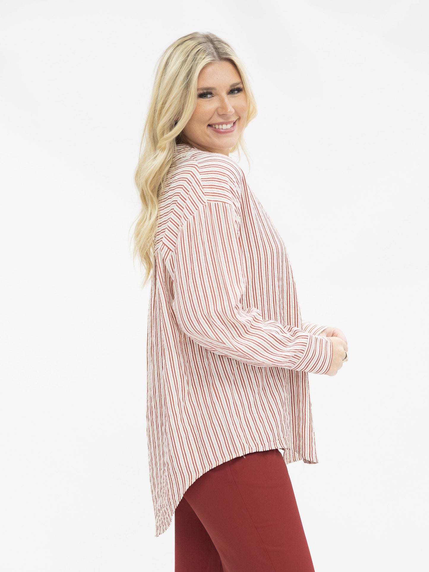 Kathryn Classic Button-up, Red Stripes in Red view 2 (top)