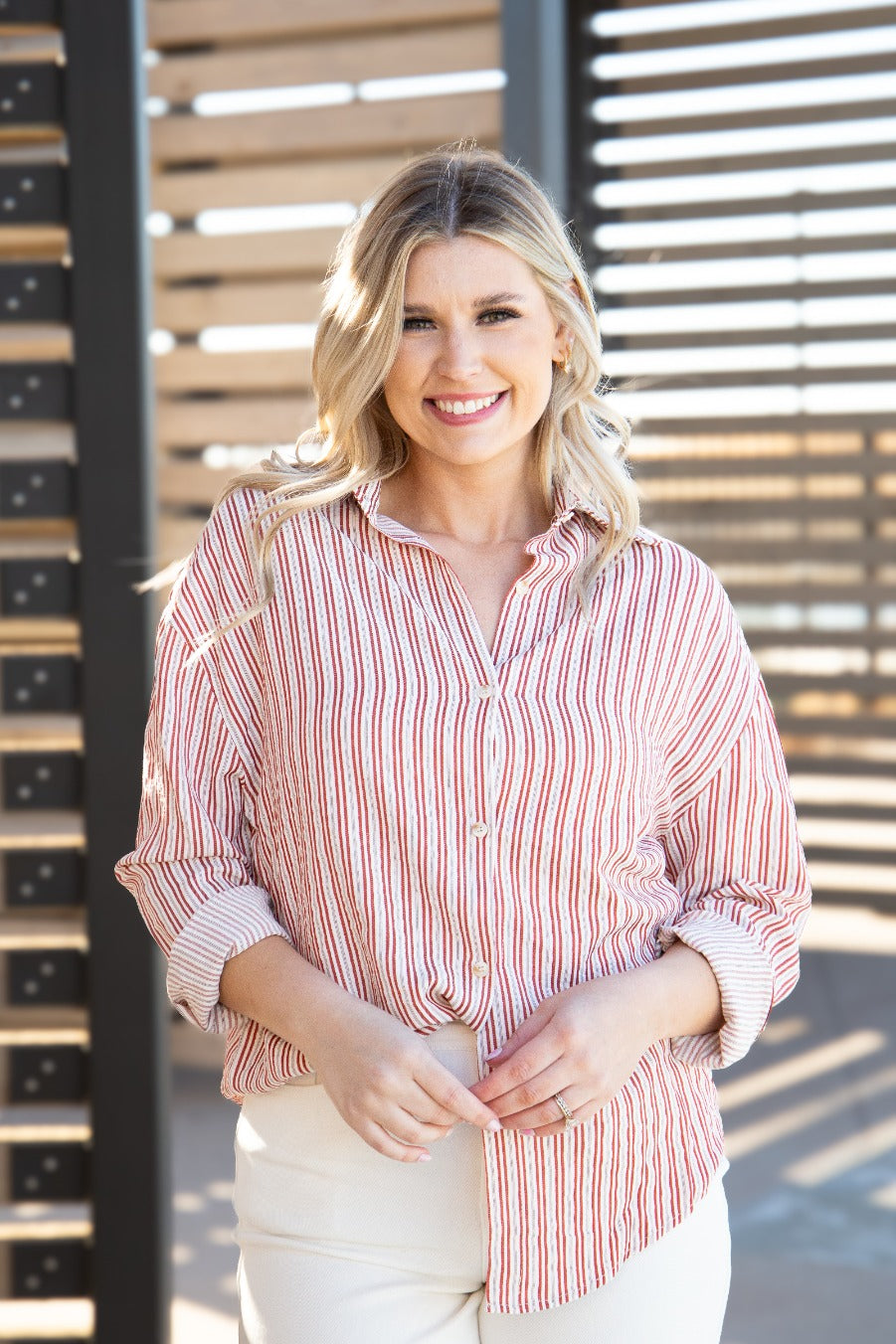 Kathryn Classic Button-up, Red Stripes in Red view 5 (top)