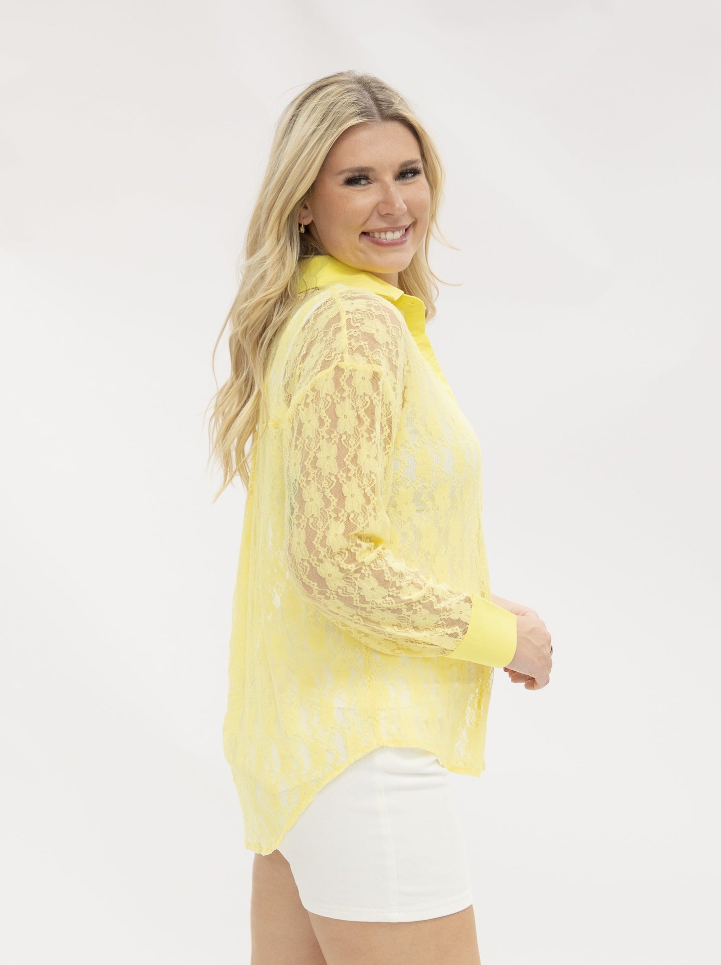 Kathryn Classic Button-up, Yellow Lace in Yellow view 2 (top)