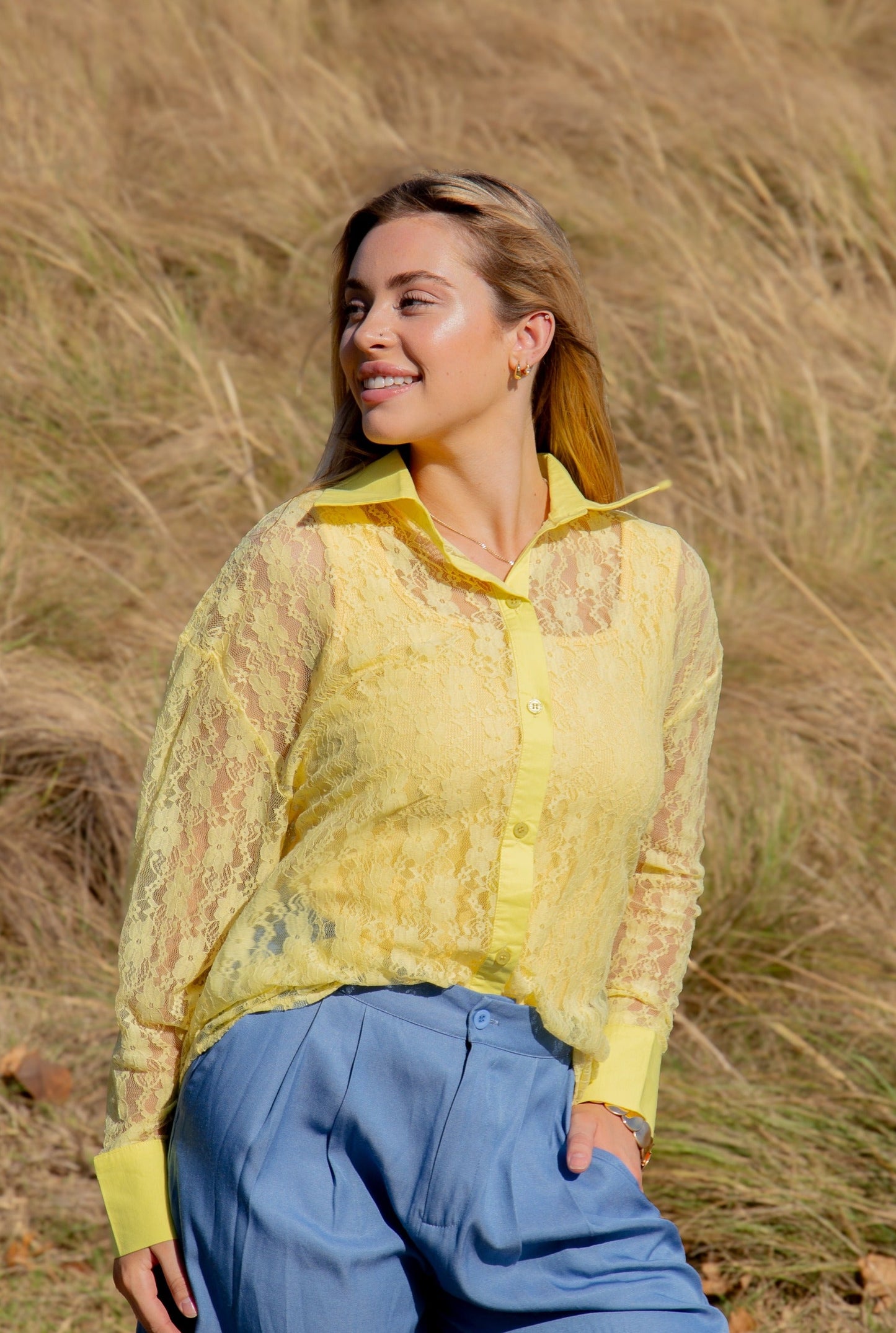 Kathryn Classic Button-up, Yellow Lace in Yellow view 6 (top)