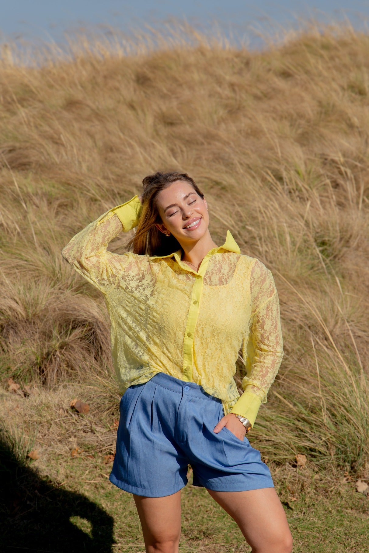 Kathryn Classic Button-up, Yellow Lace in Yellow view 7 (top)