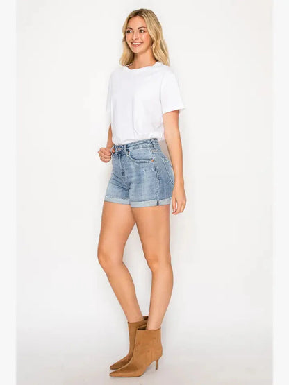 Kathy High Rise Cuffed Stretch Shorts in L view 3 - High-Waisted - Kathy High Rise Distressed Jean Shorts (bottom)