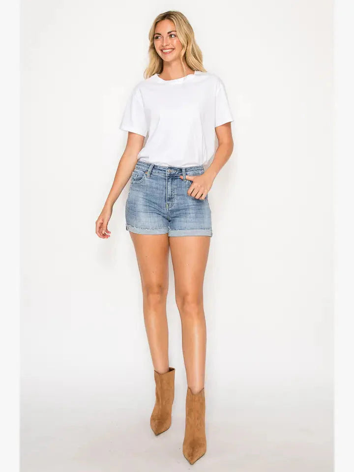 Kathy High Rise Cuffed Stretch Shorts in M view 2 - High-Waisted - Kathy High Rise Distressed Jean Shorts (bottom)