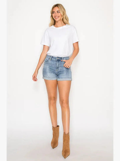 Kathy High Rise Cuffed Stretch Shorts in M view 2 - High-Waisted - Kathy High Rise Distressed Jean Shorts (bottom)