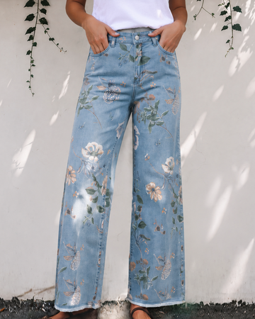 Kinsley Retro Floral Print Frayed Hem Shift Jeans in 6 view 2 (dress)