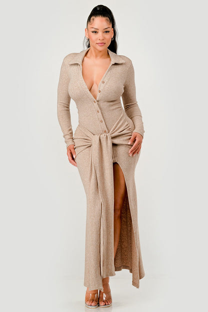 Knit Collar Tie Front Maxi Dress in S - Fall Wardrobe Essential - Knit Collar Dress Midi