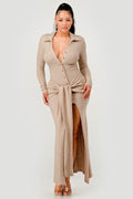 Knit Collar Tie Front Maxi Dress S (dress) - knit collar dress midi, knit collared dress women, knit ne - shop at us.meeeshop